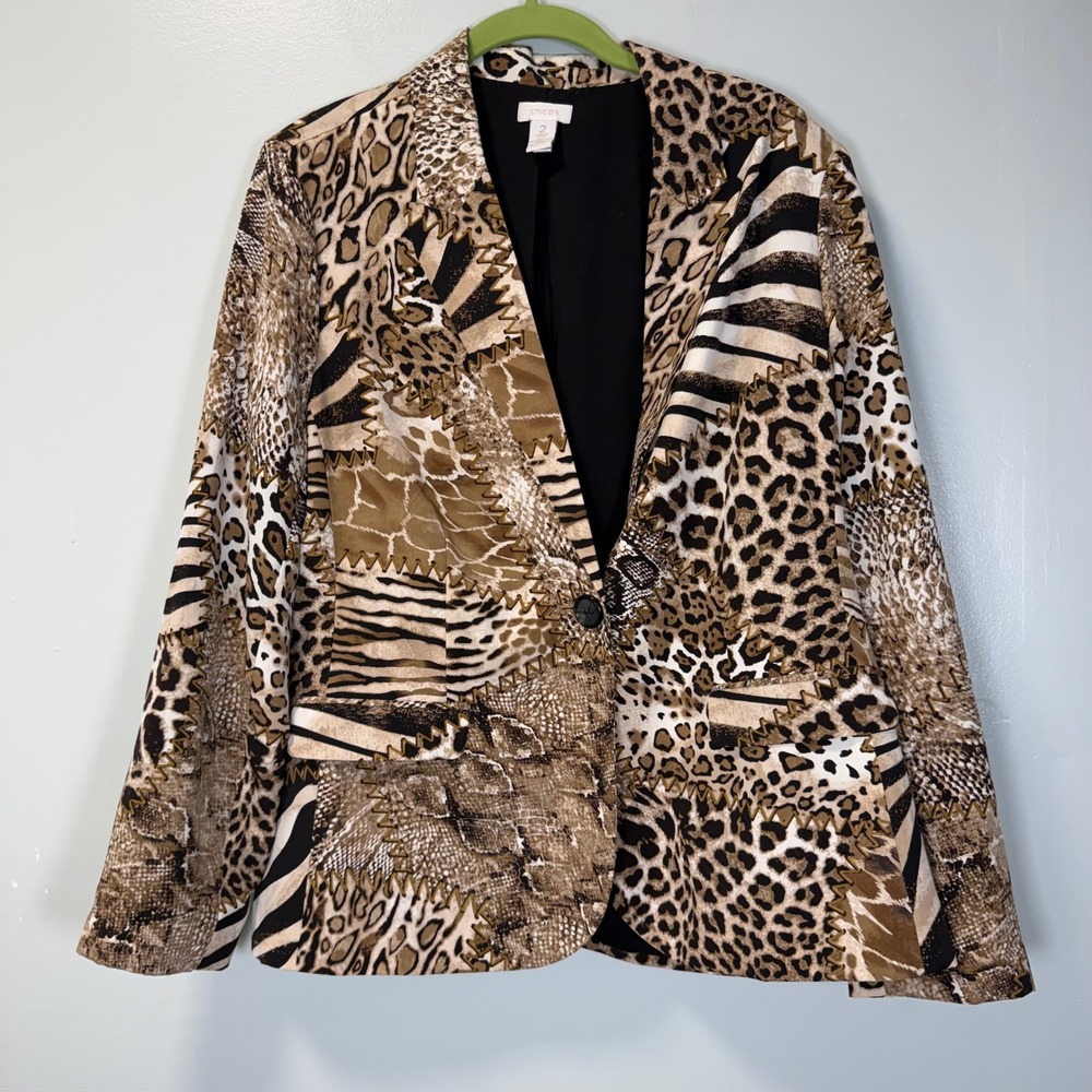Chicos Animal Print Patchwork Blazer Jacket Leopa… - image 1
